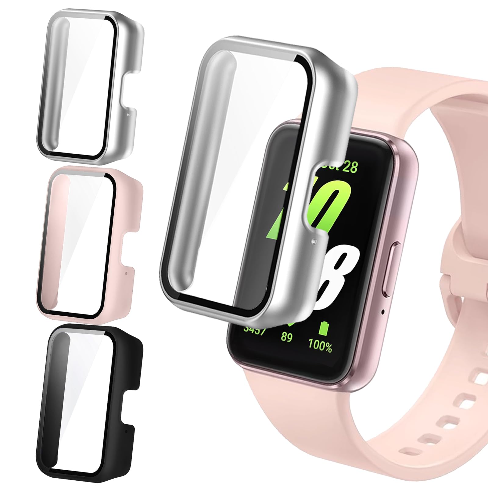 Vancle Etui do Samsung Galaxy Fit 3, 3 sztuki, pełne pokrycie, folia ochronna, twarda ochrona wyświetlacza, folia do Samsung Galaxy Fit 3 (srebrna/różowa/czarna)