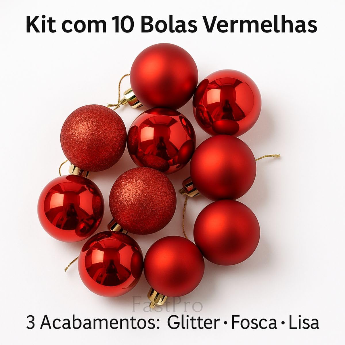 Kit 10 Bolas Natalinas Decorativas 5 cm Vermelha com Glitter LIsa e Fosca Premium