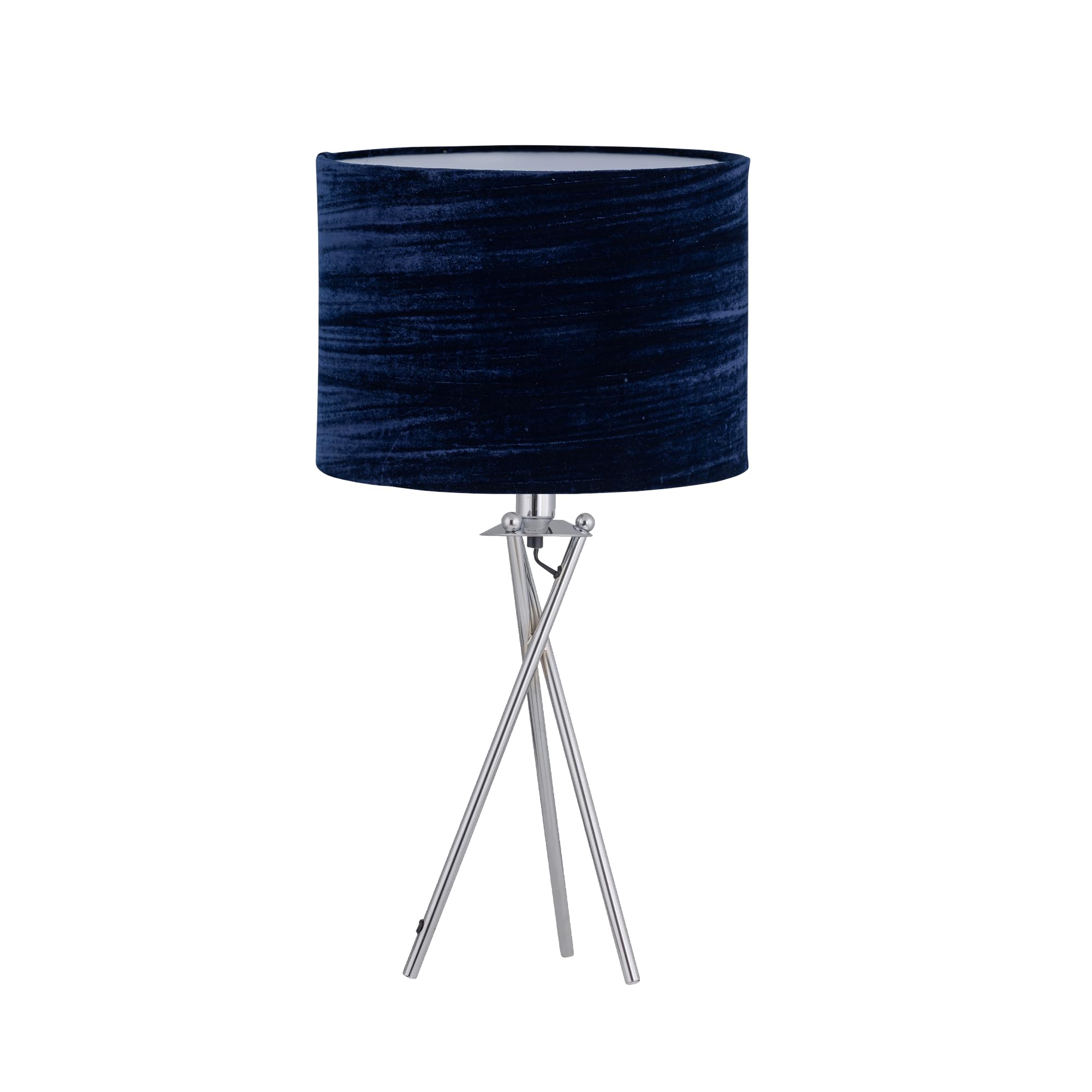 Firstchoicelighting Chrome & Blue Chrome Tripod Table Lamp With Navy Blue Crushed Velvet Shade
