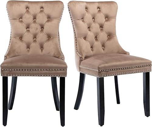 Miniatura 13 de Juego de 4 sillas de cocina modernas de terciopelo gris con anillo trasero, con patas de clavo, patas de madera maciza, tapizadas, sillas de mesa