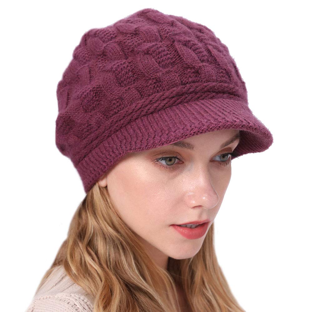 Kangqifen Women Winter Warm Knit Beanie Hat with Visor Wool Ski Cap Rose