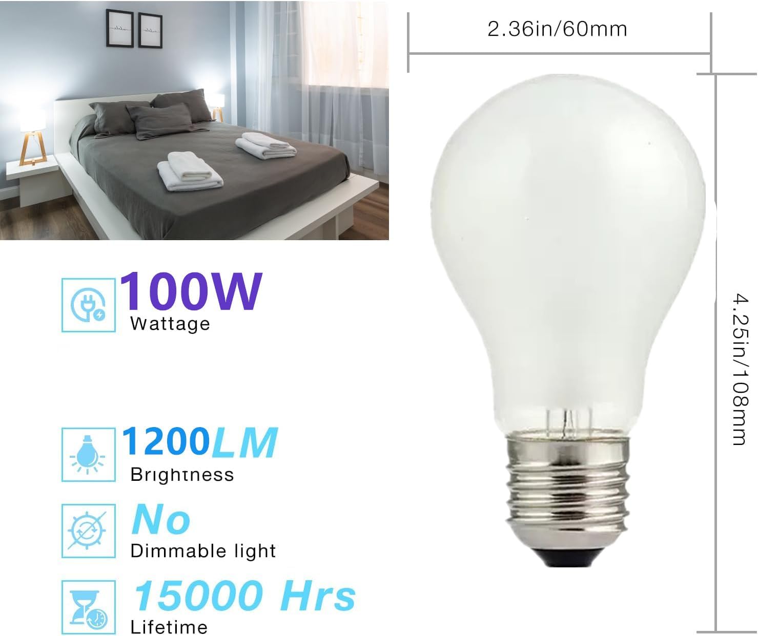100W Incandescent Light Bulbs,Frosted Bulbs,Dimmable Medium E26 Base Light Bulbs,A19 Incandescent Light Bulb,2700K Warm White, for Fridge, Range Hood, Sewing Machine, Freezer Ceiling Fan (2)