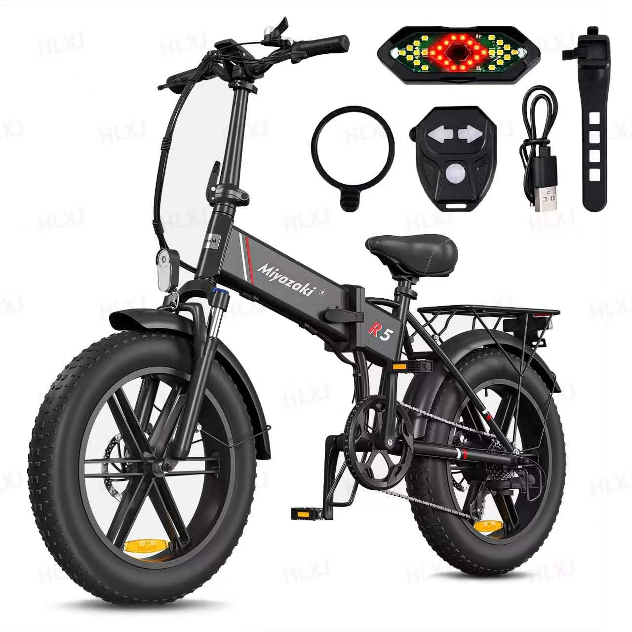Miyazaki Bicicleta eléctrica Plegable para Adultos R5 90NM, con Cuadro de aleación de Aluminio Ligero, Motor sin escobillas, batería extraíble, Equipada con neumáticos Anchos de 20“×4.0” y Pedales.