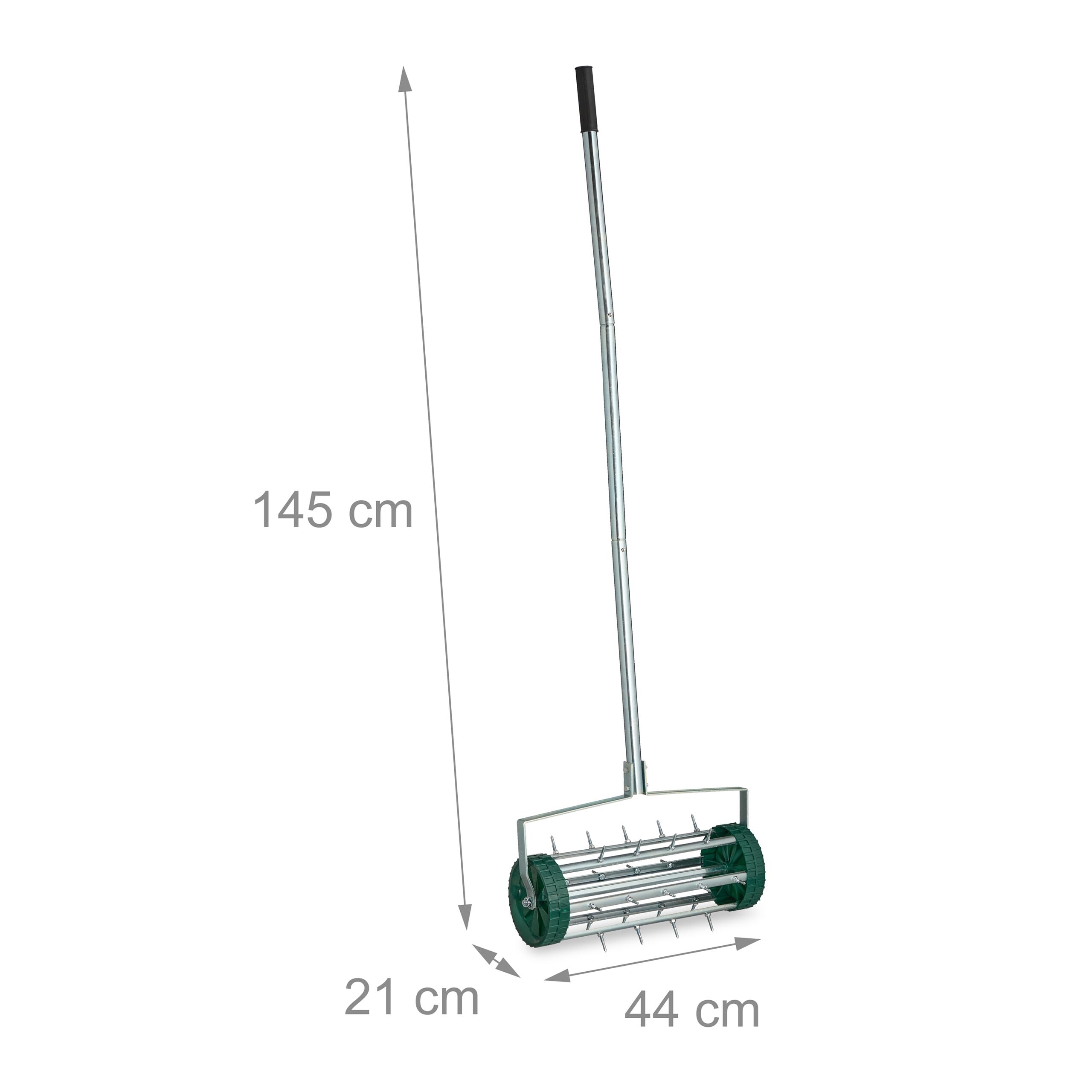 Relaxdays aérateur de Gazon Roulant, avec Manche, scarificateur Manuel, HBT : 145x44x21 cm, Rouleau à Gazon, Argent/Vert