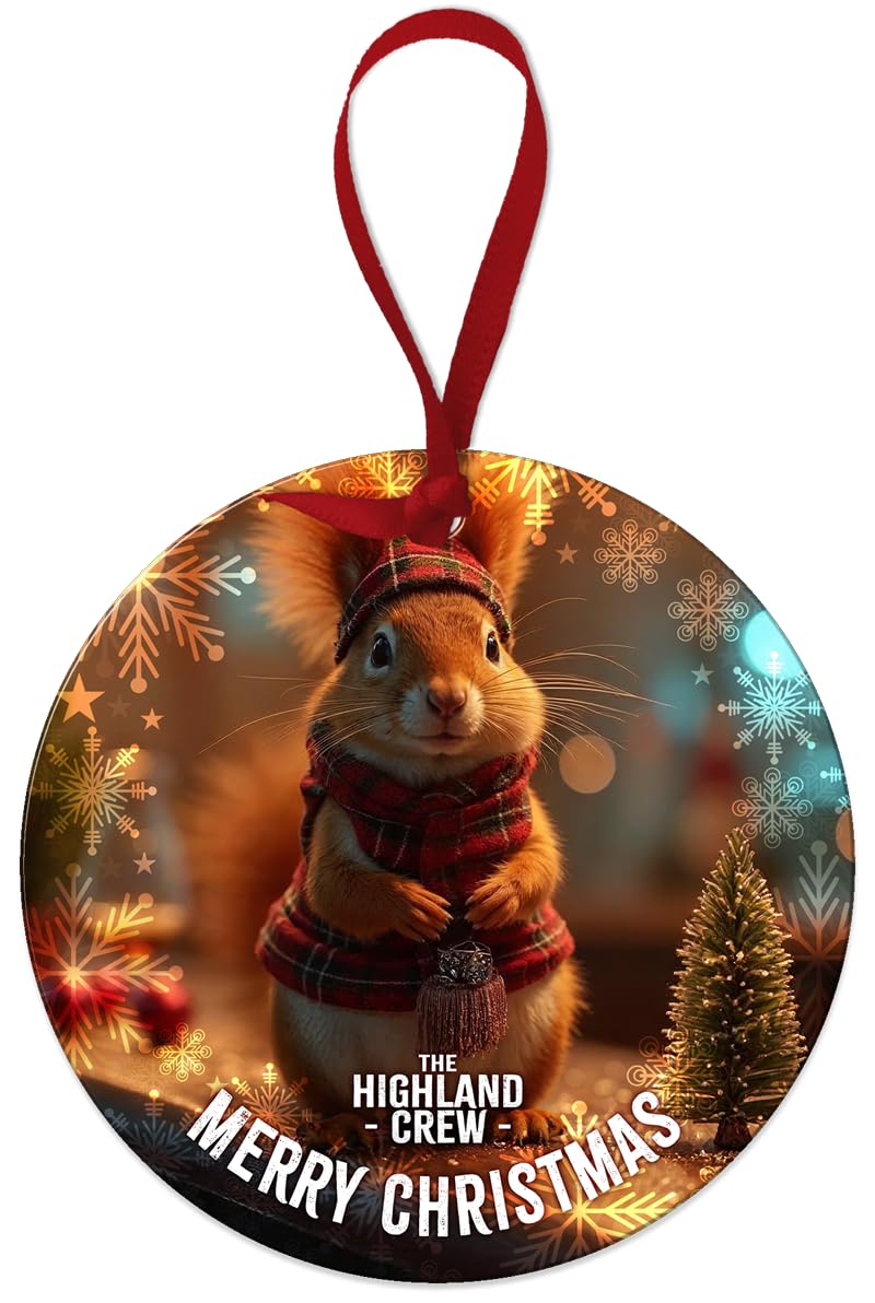 Round Metal Dangler Ornament Sign (75 mm Diameter) - The Highland Crew (Xmas Squirrel)