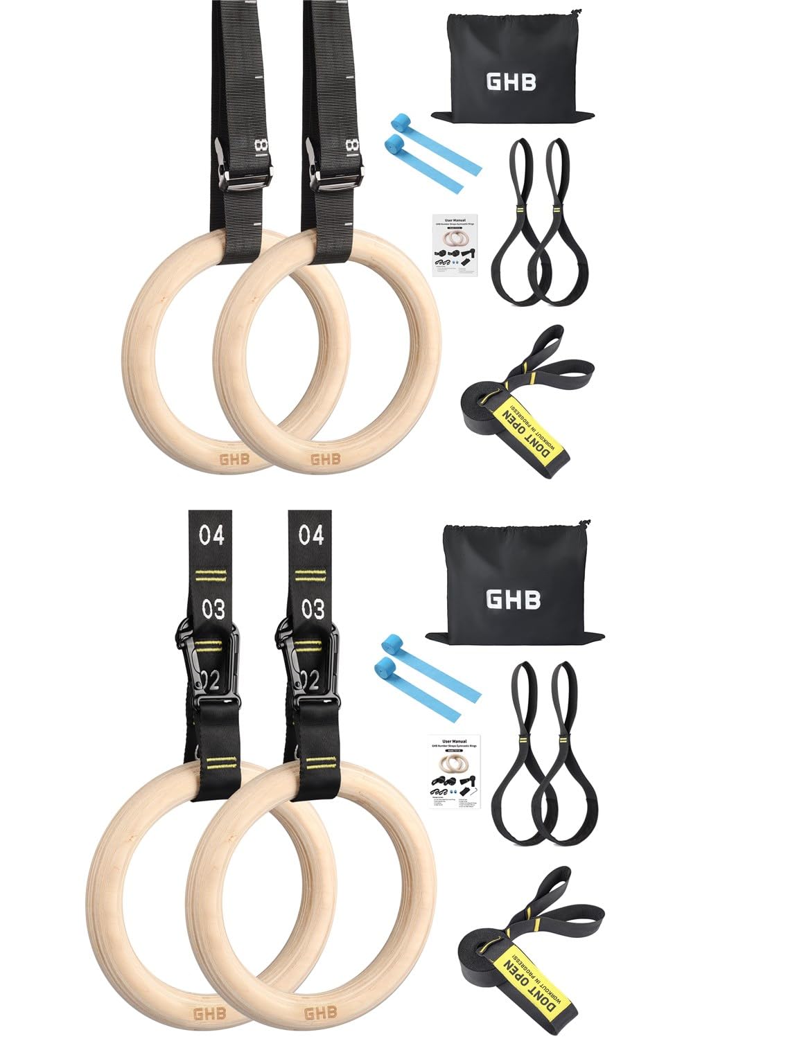 Birch Wood Gymnastic Rings with Numbered Straps