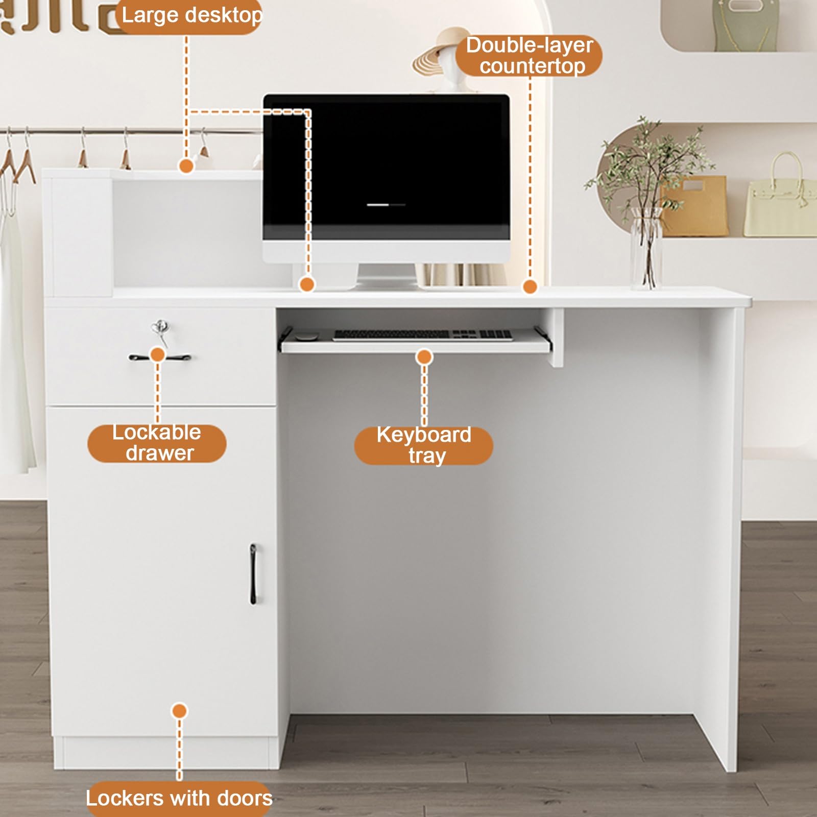 Genérico Mostrador de recepción Moderno Gris con cajón y Armario de Almacenamiento, Mesa Alta para Oficina y Comercio, luz LED incluida, 100 cm, solución de Espacio de t