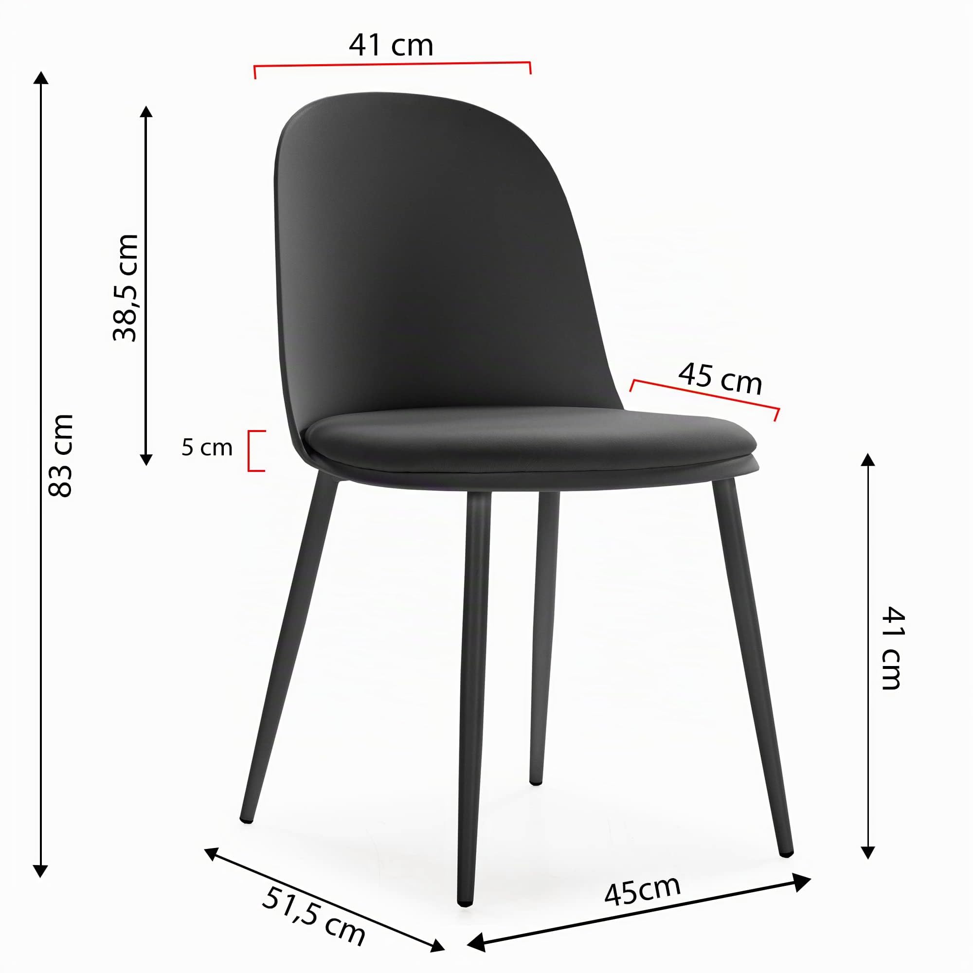 HOMN LIVING Set di 4 sedie Kana Nere, Gambe in Metallo e Sedile Imbottito, 45 cm (Larghezza) 51,5 cm (profondità) 83 cm (Altezza)