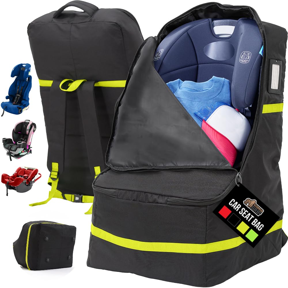 GORILLA GRIP Tear and Water Resistant Padded Car Seat Travel Bag for Airplane and Airport, Universal Fit Baby Carseat Bags, Holds Up to 50lbs, Handle & Shoulder Straps, Air Gate Check Carrier, Yellow