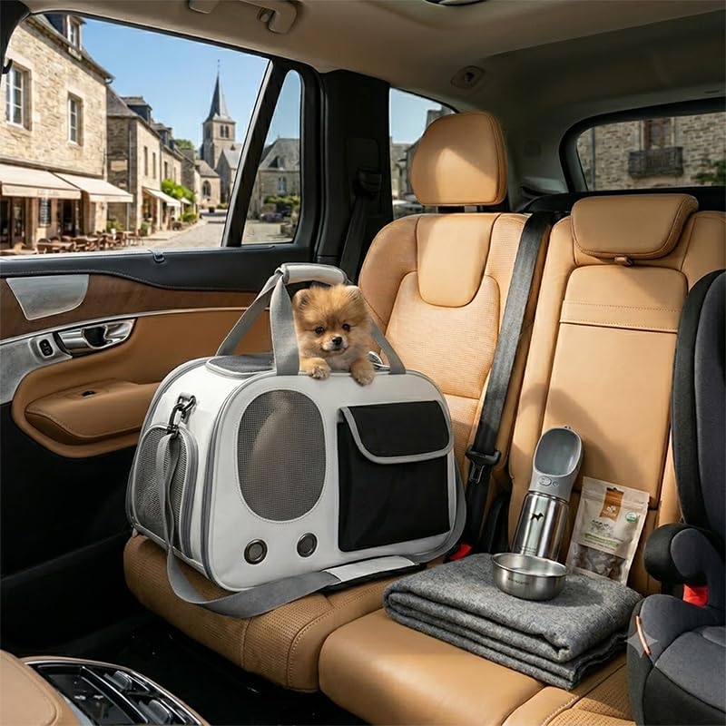 Transportín Perros Gatos para Suzuki Vitara/Grand Vitara Asiento Trasero Coche Bolsa de Transporte Plegable Bandolera Viaje Rejilla Transpirable,Beige/Black