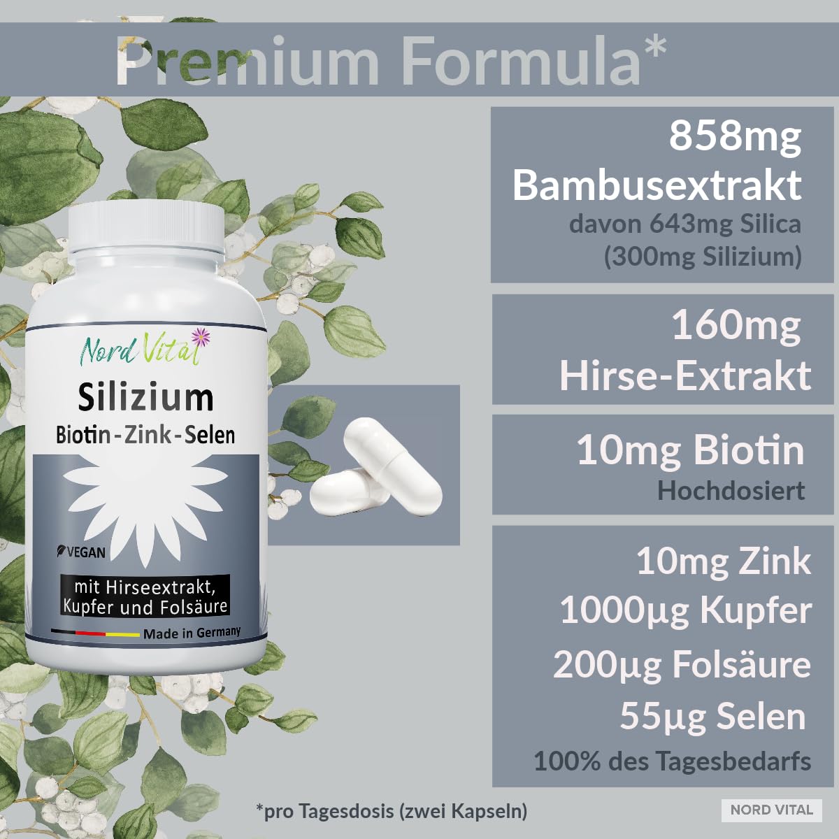 Hochdosiertes Silizium aus Bambus-Extrakt (850 mg), Hirse-Extrakt, Biotin, Zink, Selen, Kupfer, und Folsäure - organisches Silicium mit hoher Bioverfügbarkeit -120 Kapseln -Vegan - deutsche Produktion