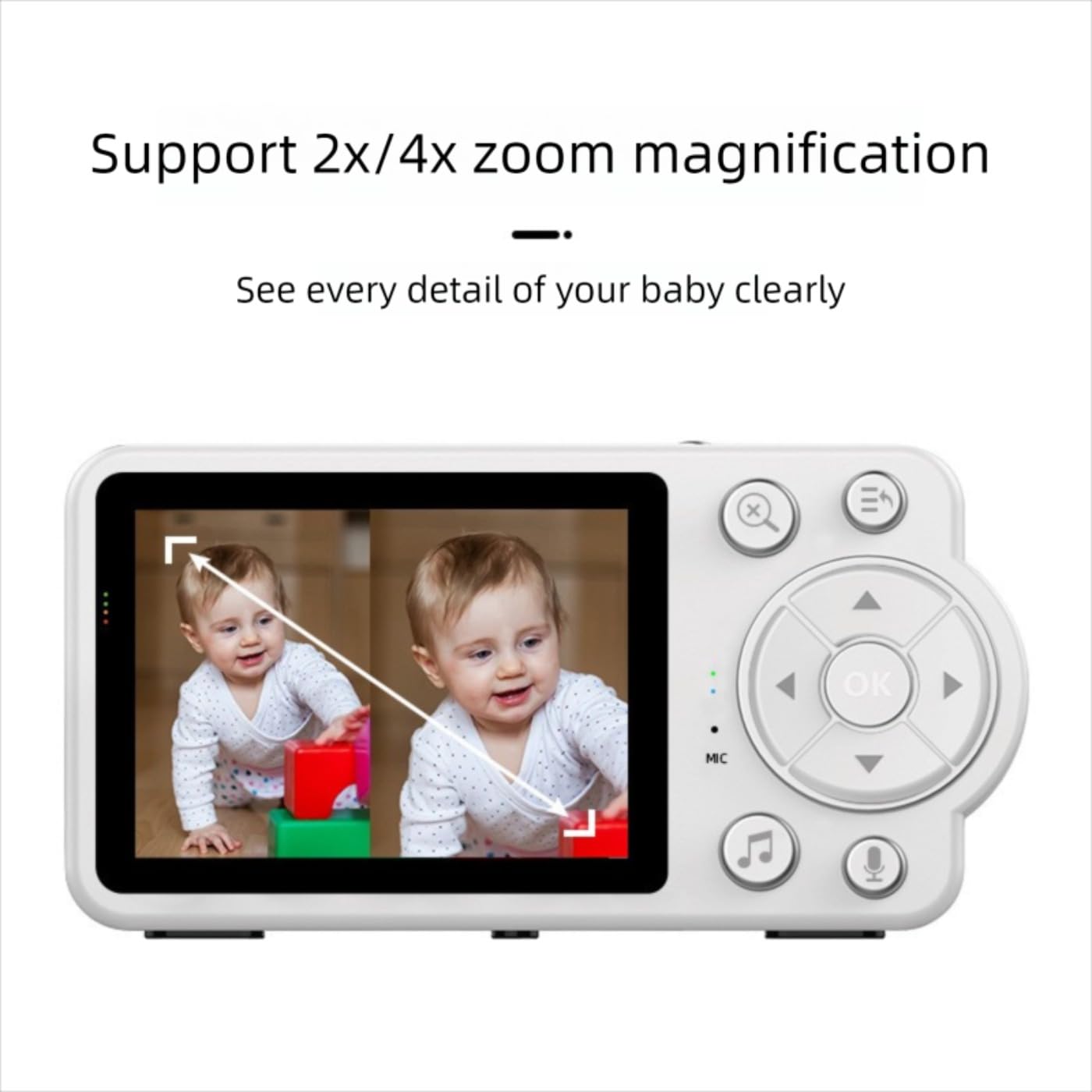 Baby monitor con fotocamera e audio, video HD 480p, zoom 4x, visione notturna e sensore di temperatura, wireless 2.4 G con ninne nanne, conversazione bidirezionale, bianco