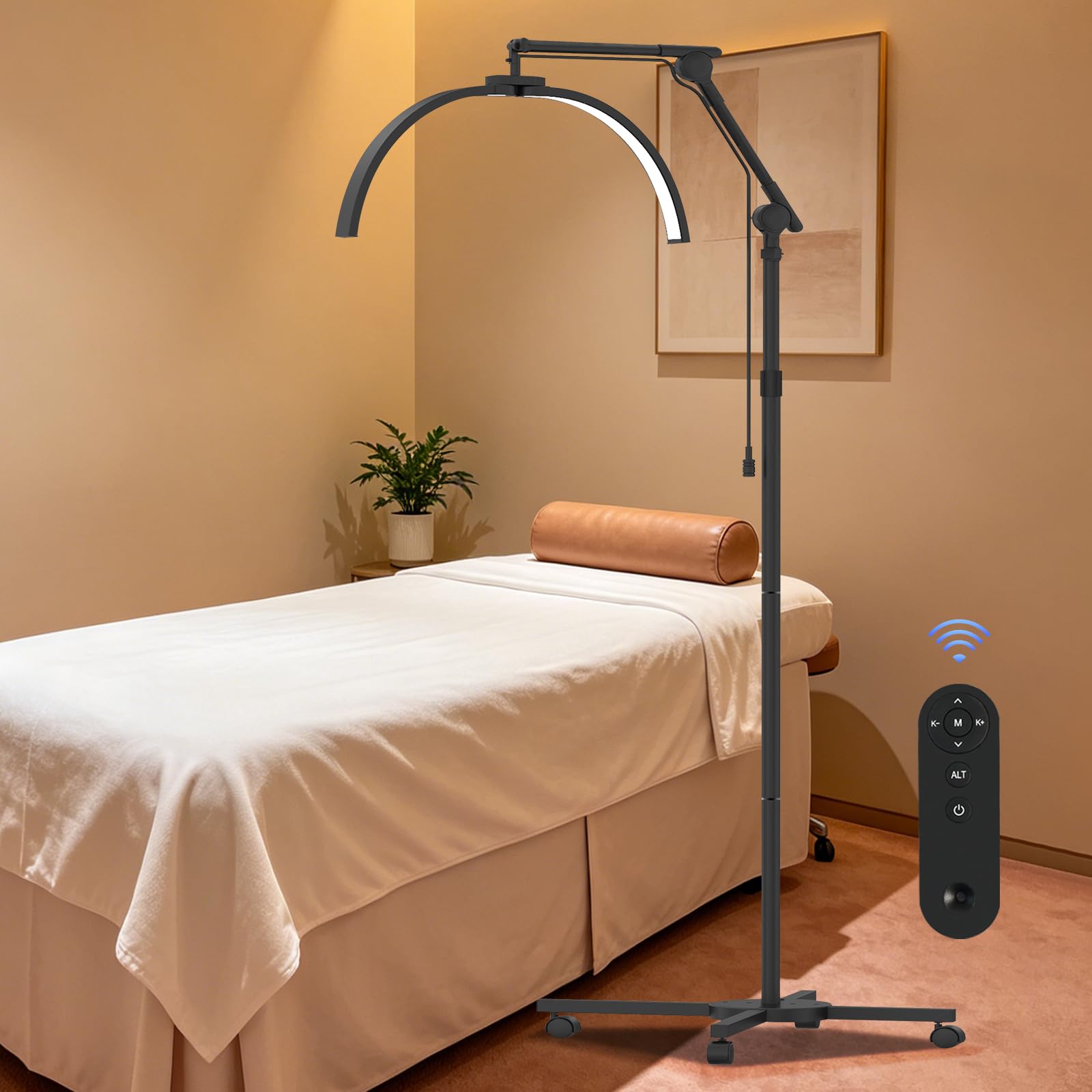 Halbmond Lampe Kosmetiklampe, 28Inch Wimpern Lampe for Wimpernverlängerung, Tattoo, Beauty, Nägel, Faltbare LED Stehlampe mit Rädern, Telefonhalter, Einstellbarer Helligkeit und Höhe