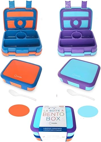 Miniatura 10 de Lonchera bento con bolsa de aislamiento, botella de agua y bolsa de hielo, para niños pequeños, 4 secciones de porciones, bandeja extraíble,