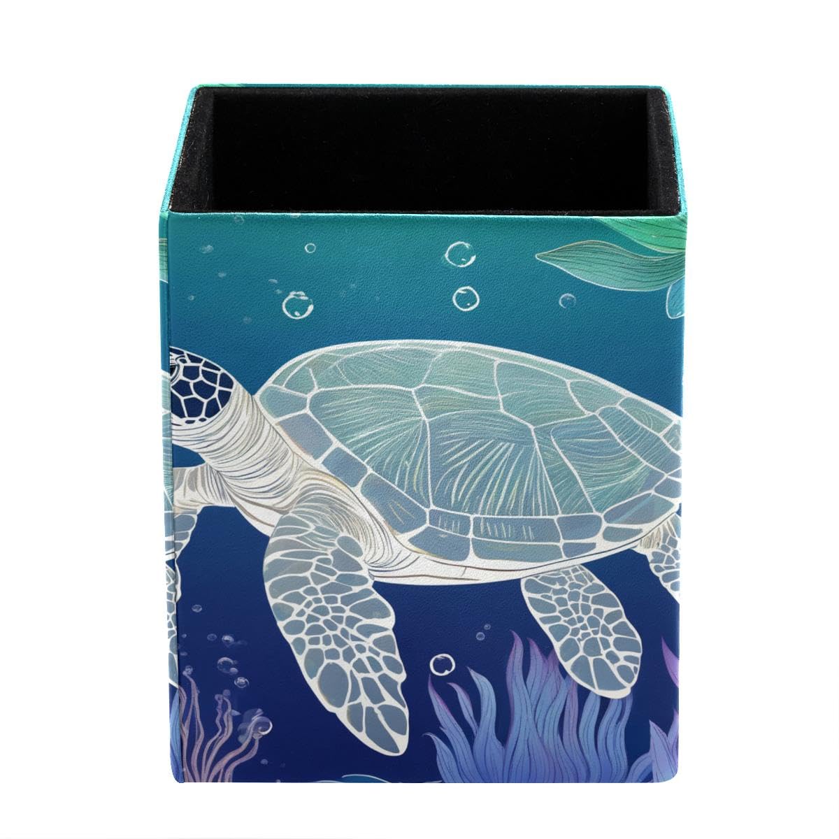 HEOEH Sea Turtle Pen Holder Pen Pot, Square Pencil Cup for Desk