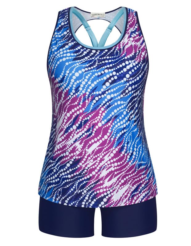 Hanna Nikole Tankini voor dames, sportief, grote maten, driedelige tanktop, met boyshorts, push-up, badpak, zwempak, olijfgroen strepen, 46 Grote maten