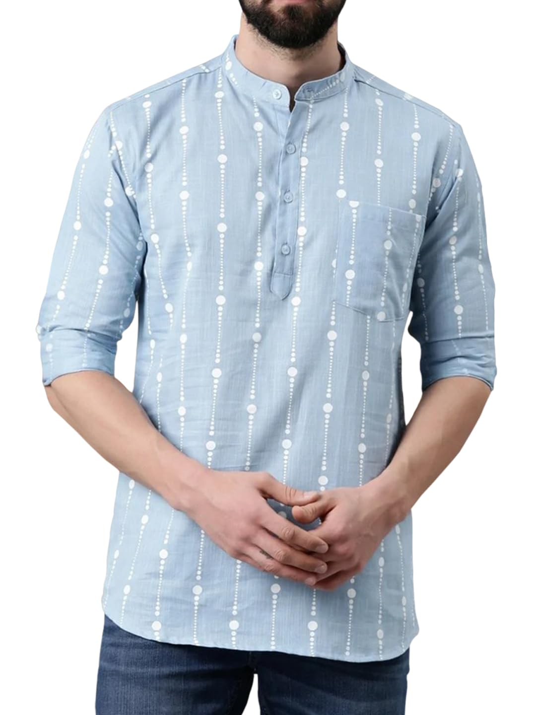 fifth u Men's Cotton Blend Solid Full Sleeve Printed Short Kurta with Mandarin Collar Crafted from a Premium Cotton Blend-picture-32