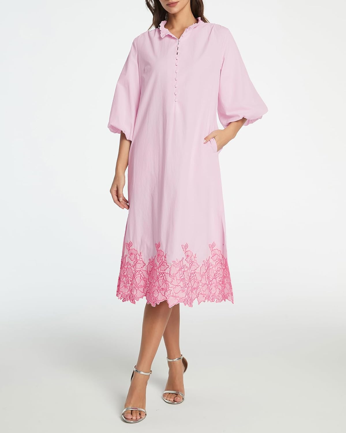 Kedera Womens Midi Summer Dresses Casual 3/4 Sleeve V Neck Button Up Embroidered Cotton Flowy Dress 2025 with Pocket - Image 6