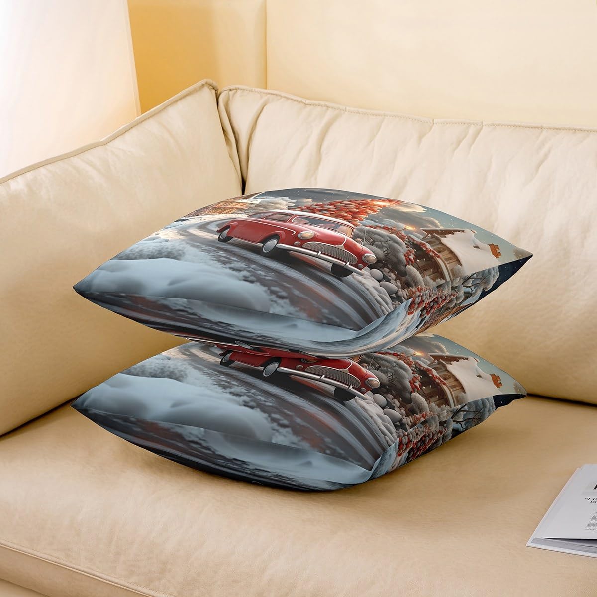 Homewish Merry Christmas Throw Pillow Cover 24x24 Inch Cartoon Red Car White Snow Decor Pillow Case for Kids Teens Adults Watercolor Xmas Tree Winter Rustic Farmhouse Cushion Cover for Sofa
