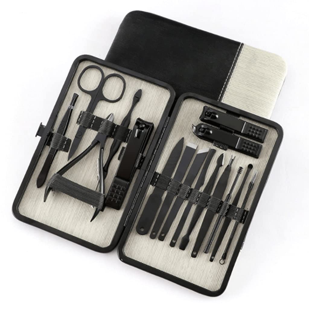 Profesional Set Clipper Uñas Conjunto de manicura de Acero Inoxidable Kit de Aseo Black 16 PCS Herramientas de Cuidado de uñas Traje de Familia Adulto Negro Verde A Salvo (Color : Black)