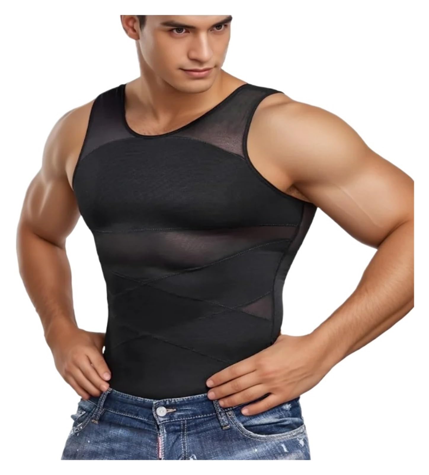 Kompression Shirt Herren-Kompressionshemden for Herren, Shapewear, Brust- und Bauchkontrolle, Body Shaper, schlankmachendes Unterhemd, Trainingsweste, Tank-Top Kompressions-Shirts FüR Herren(Black,M)