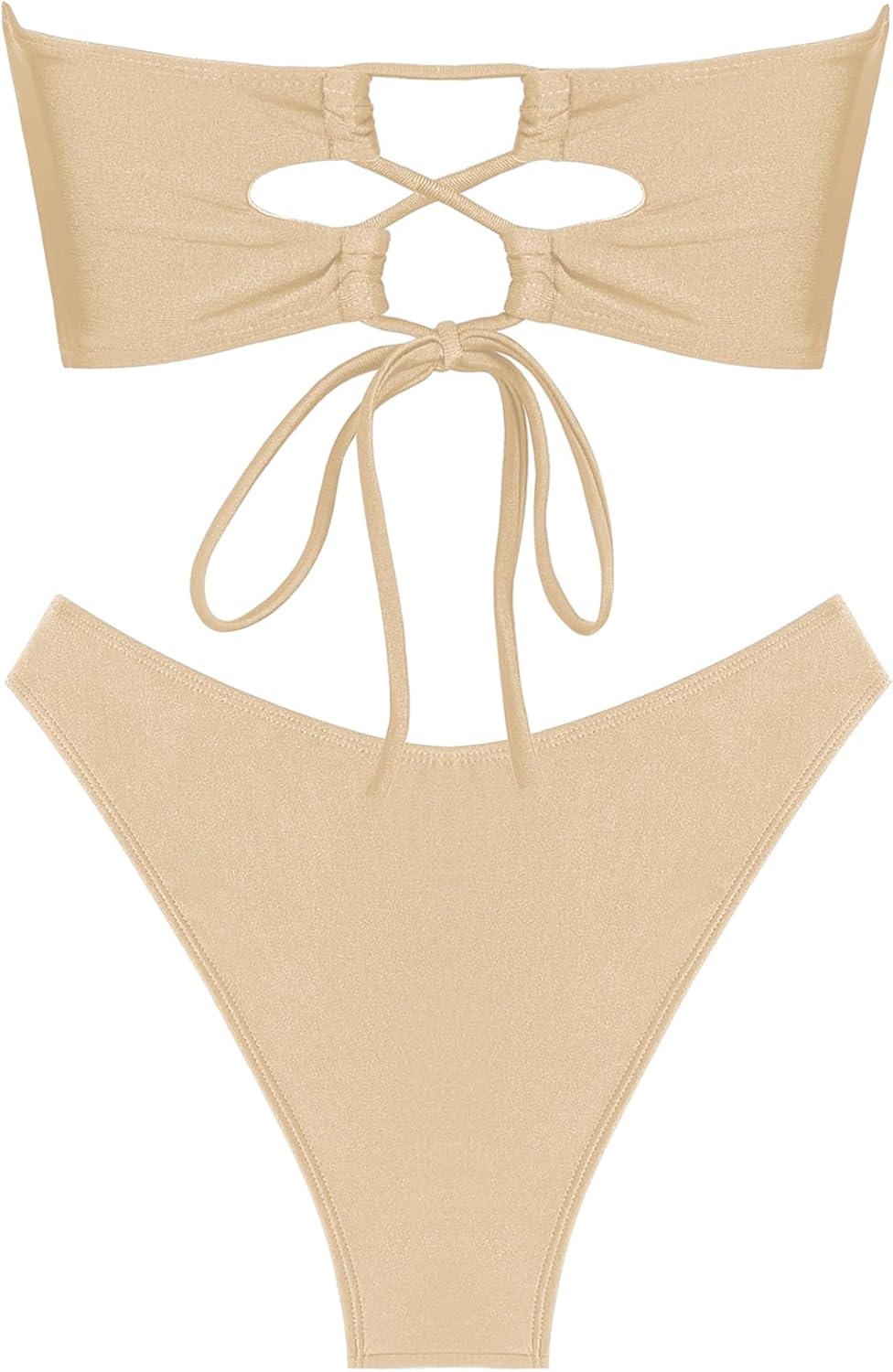 ZAFUL Womens Bandeau Bikini Set Metallic Sparkly O Ring Lace Up Tie Side High Cut Tanga Sexy Bathing Suit Swimwear