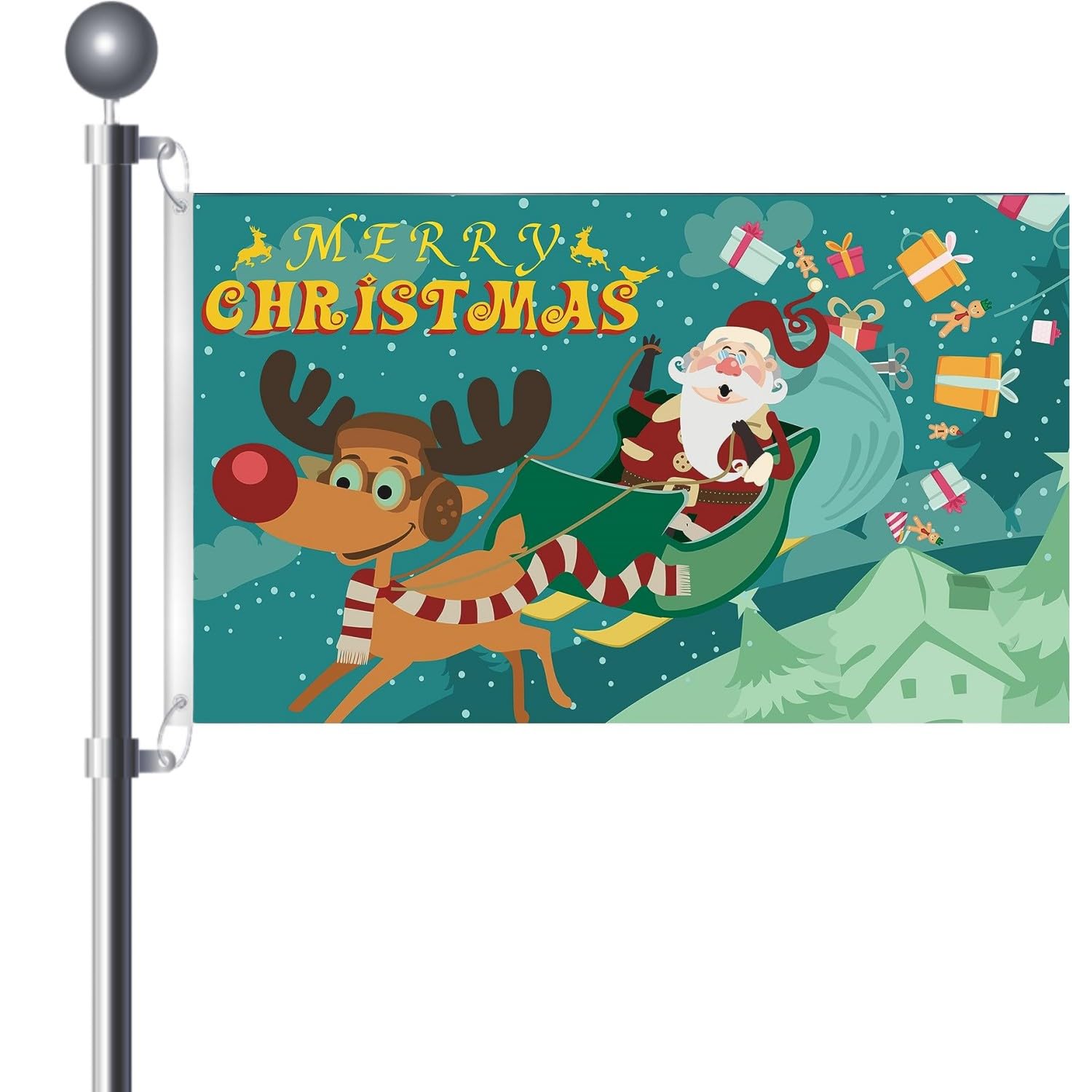 Merry Christmas Flag 5 x 3 FT Xmas Blue Banner With Santa Claus Christmas tree Sleigh and Elk Garden Flags for Indoor Outdoor Home Christmas Party Yard Winter Holiday Decoration Supplies