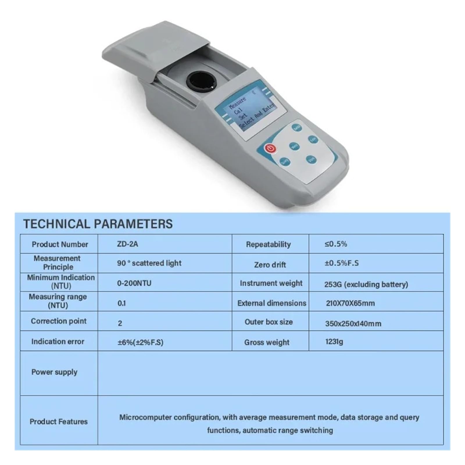 ZD-2A cyfrowy miernik mętności wody 0-200NTU ręczny turbidymetr Tester jakości wody do laboratorium basenowego Podświetlany wyświetlacz