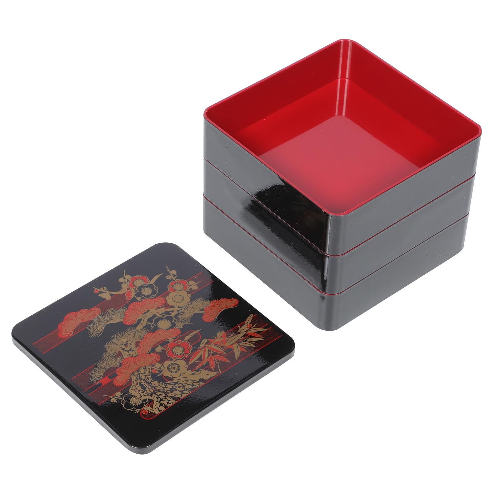 KICHOUSE Scatola Bento Box Giapponese a 3 Strati in Abs Motivo Pine Bamboo Plum, Contenitore Ermetico per Sushi e Riso, Adatto per Pranzo e Picnic
