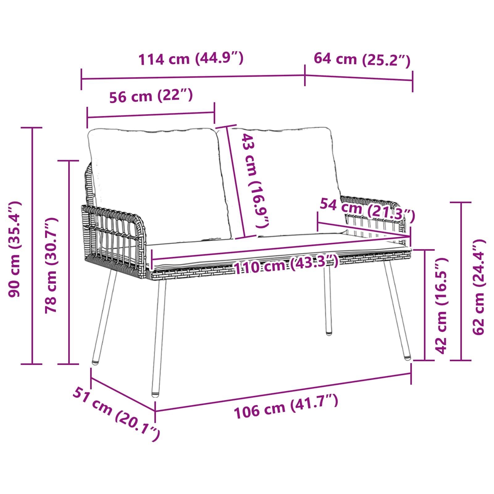 vidaXL Banco de jardín con cojín Naturaleza 114 x 64 x 90cm Acero, Banc de ratán Moderno Rectangular, Resistente, cómodo para jardín y terraza, Ideal para Tus Momentos al Aire Libre