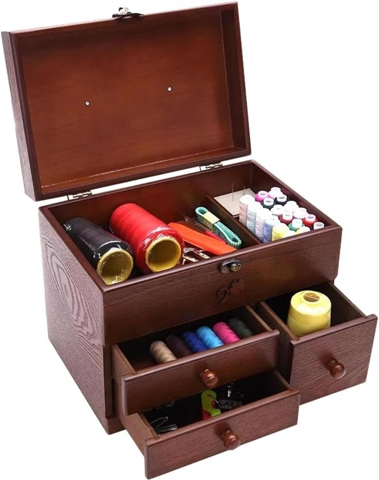 Organizador de madera para coser – 30 x 20,5 x 29 cm con 3 cajones y compartimento superior para suministros de acolchado, ideal para kits de aguja, hilo y bordado