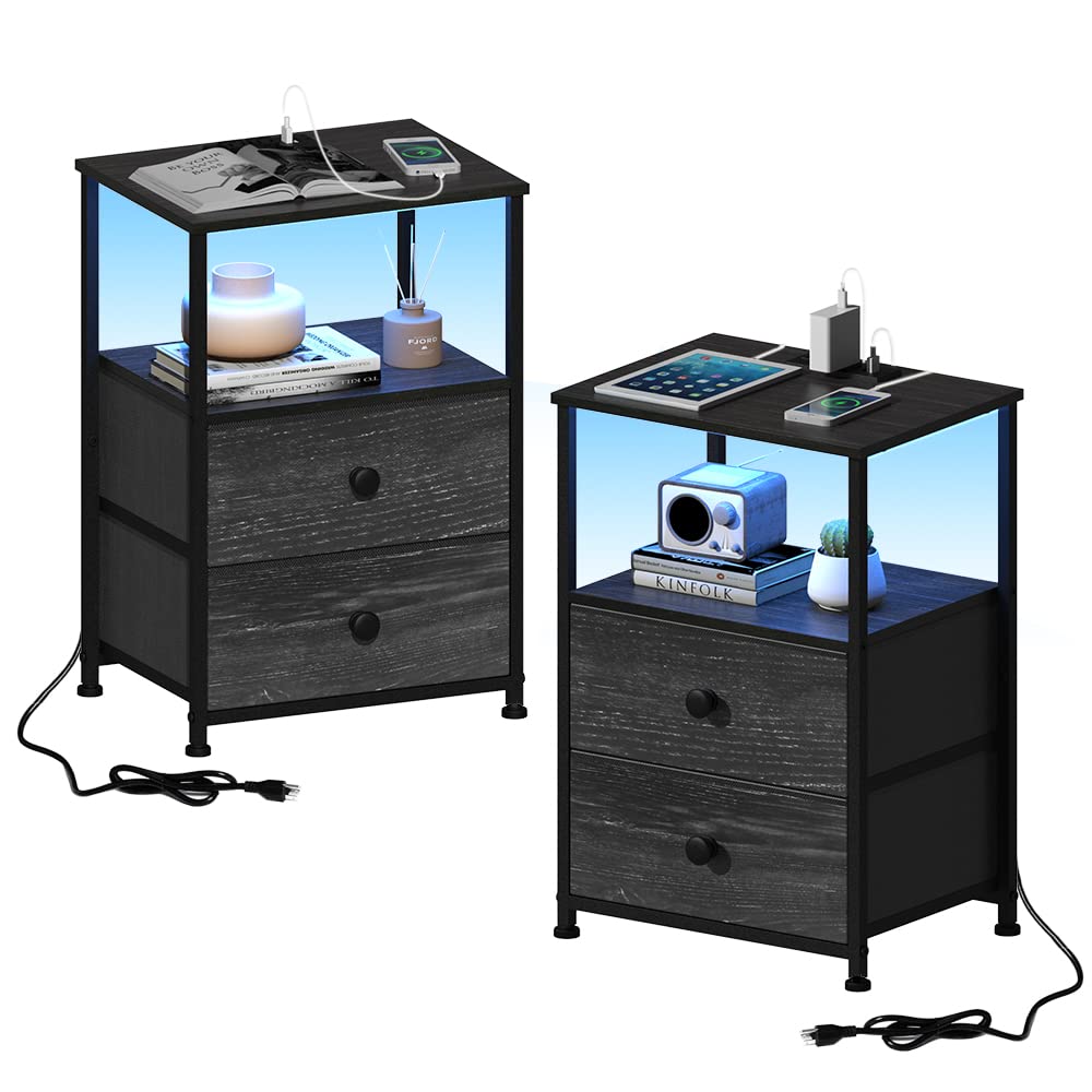 Tohomeor Nightstand with Charging Station LED Light End Table Bedroom Bed Side Dresser with Fabric Drawers Open Storage Shelf Living Room Sofa End Table with USB Ports and Outlet (Charcoal, 2 Packs)