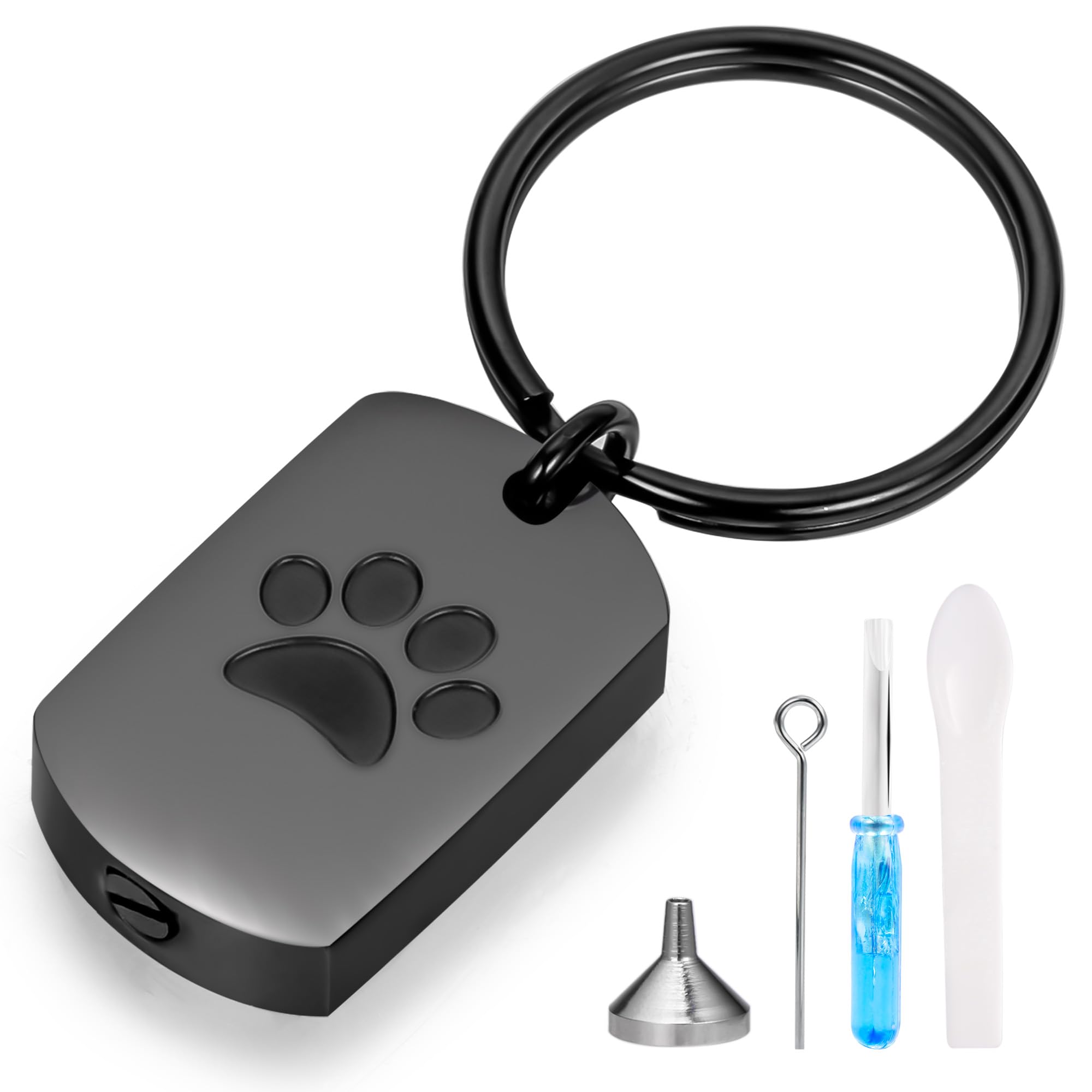 Gredstar Paw Print Cremation Urn Keychain – Black Stainless Steel Memorial Keepsake for Dog or Cat Ashes, Sympathy Gift for Pet Loss