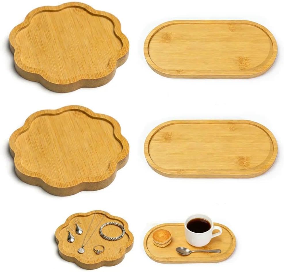 2 Pcs Bamboo Flower-Shaped & 2 Pcs Oval Bamboo Trays – Set of 4 Unfinished Bamboo Display Trays for Soap, Coffee, Bathroom & Desk Organization | Handmade Wooden Tray for Decor & DIY Craft