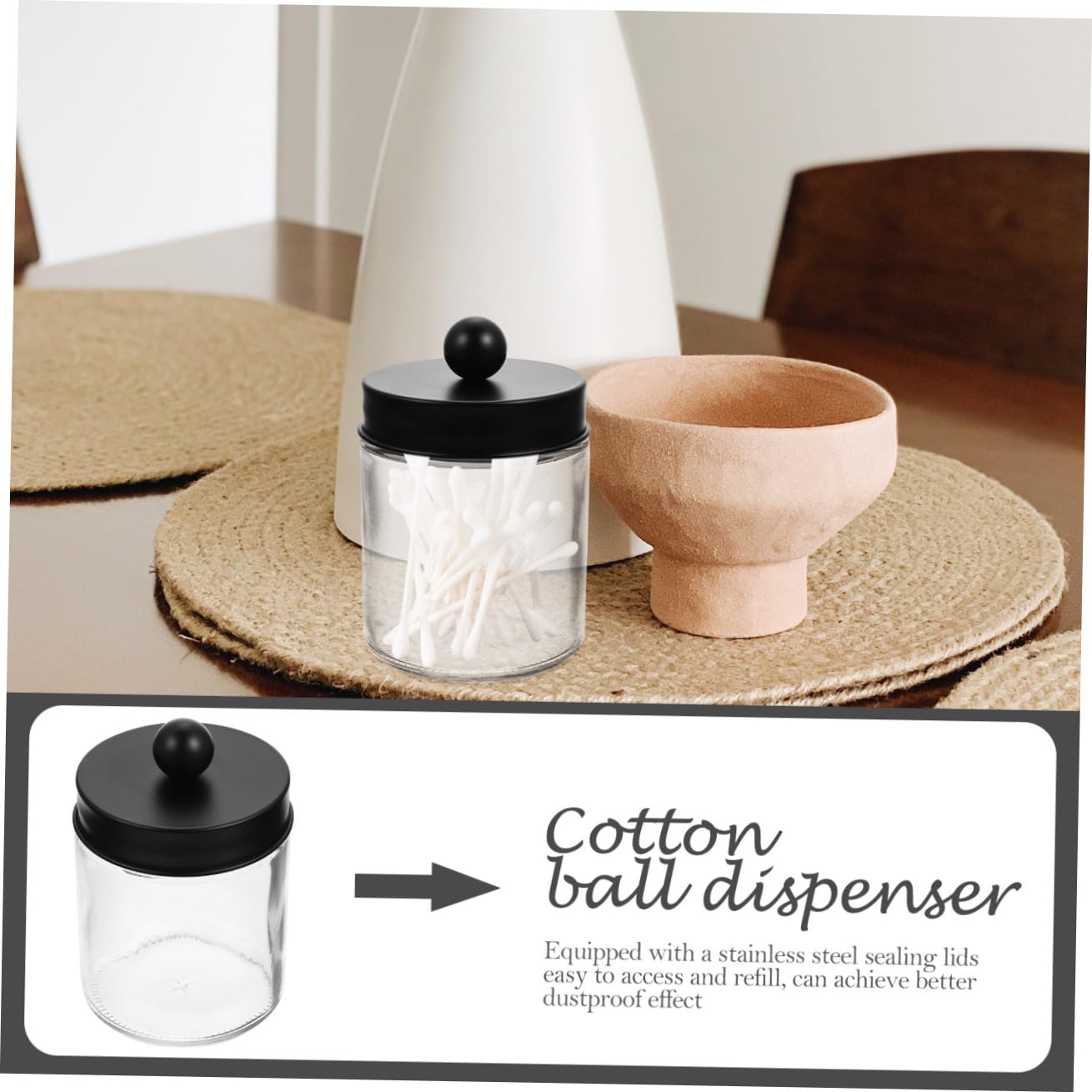 Transparenter Wattebauschhalter und Einfach Zugänglich aus Glas 3 Stück Leichter Badezimmer Organizer mit Edelstahl Deckeln Klar im Design für Vanity