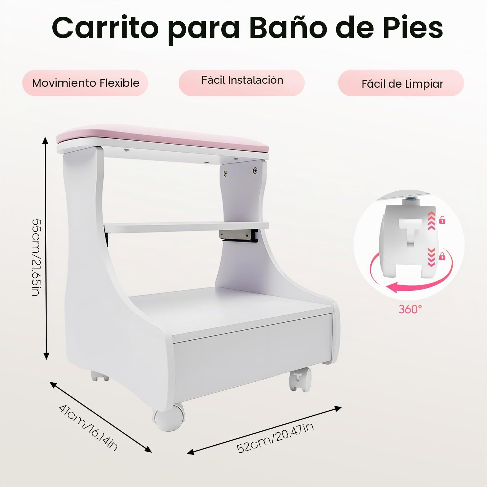 Reposapiés, pedicura, descanso, taburete de maquillaje, baño de pies, manicura, muebles, carrito para baño de pies, taburete con ruedas, uso en el salón de belleza, 52 x 41 x 55 cm, reposapiés,