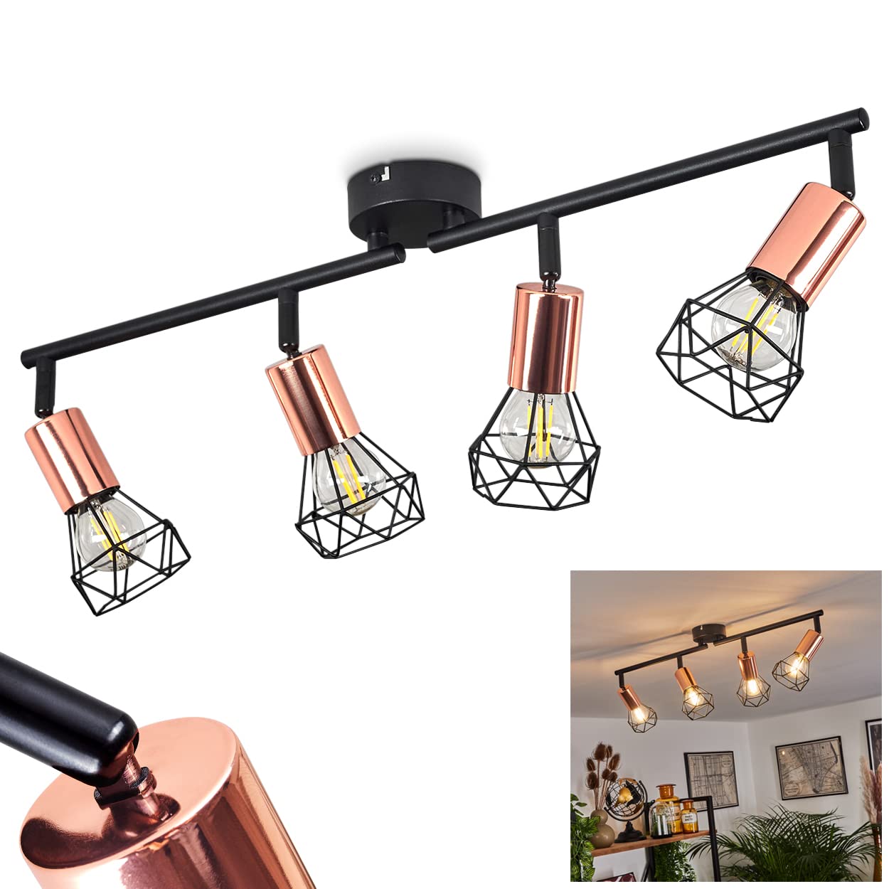 Lampada A Soffitto Baripada 3 Luci – Plafoniera In Metallo Nero/Rame, Stile Vintage Con Paralume A Traliccio, Attacco E14