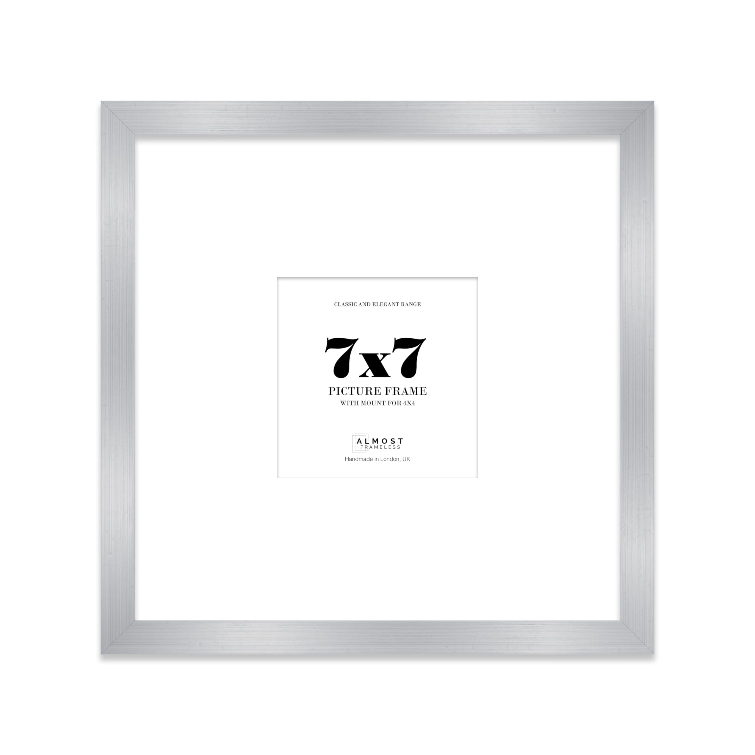Almost Frameless 7x7 Square Picture Frame, Display Pictures 4x4 With Mat or 7x7 Without Mat, Wall Hanging & Free Standing Photo Frame, Silver, 1 Pack