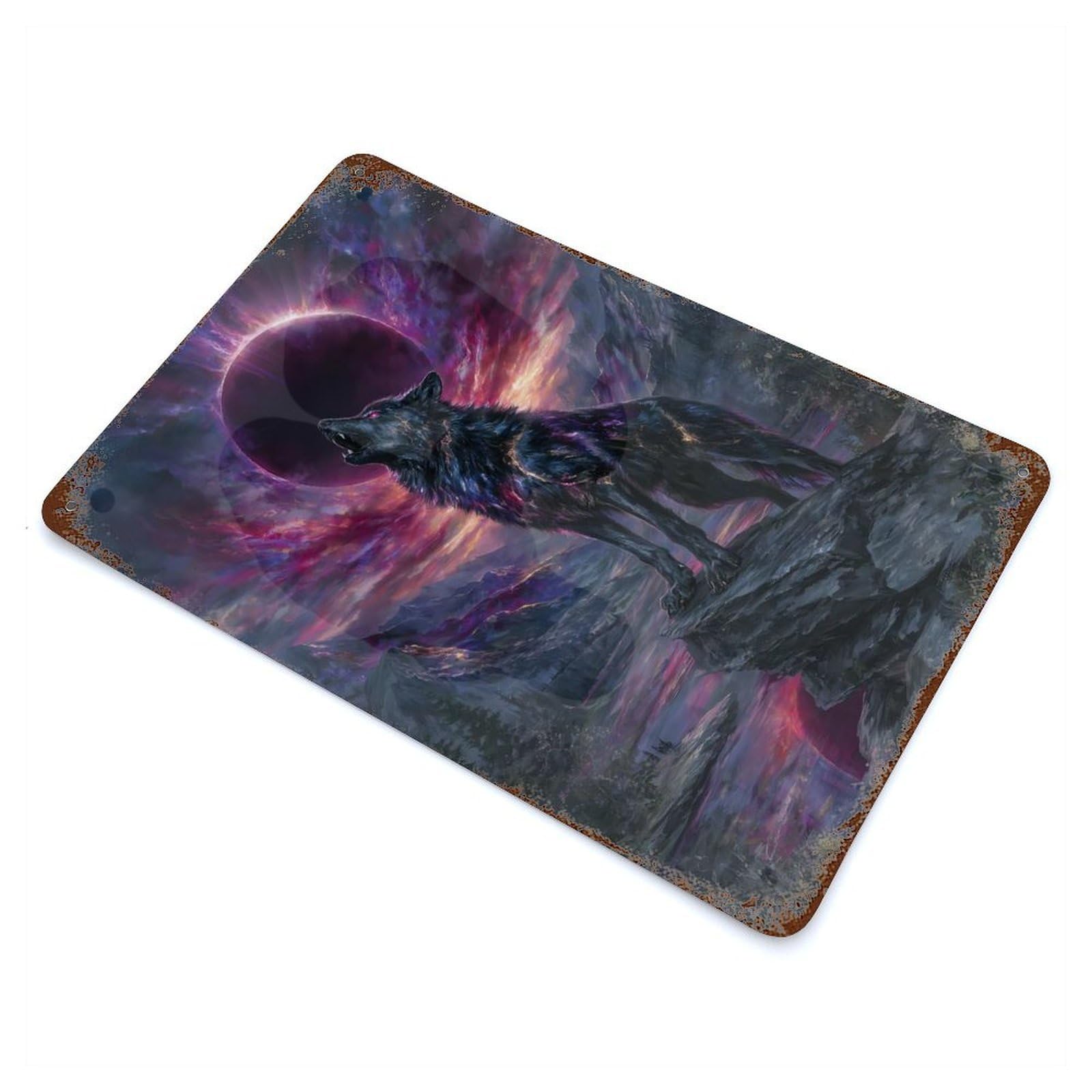 Howling Wolf Eclipse Fantasy Art 11.8"x7.9" Aged Metal Wall Plaque, Retro Wall Decor for Farmhouse, Kitchen And Entryway Decor