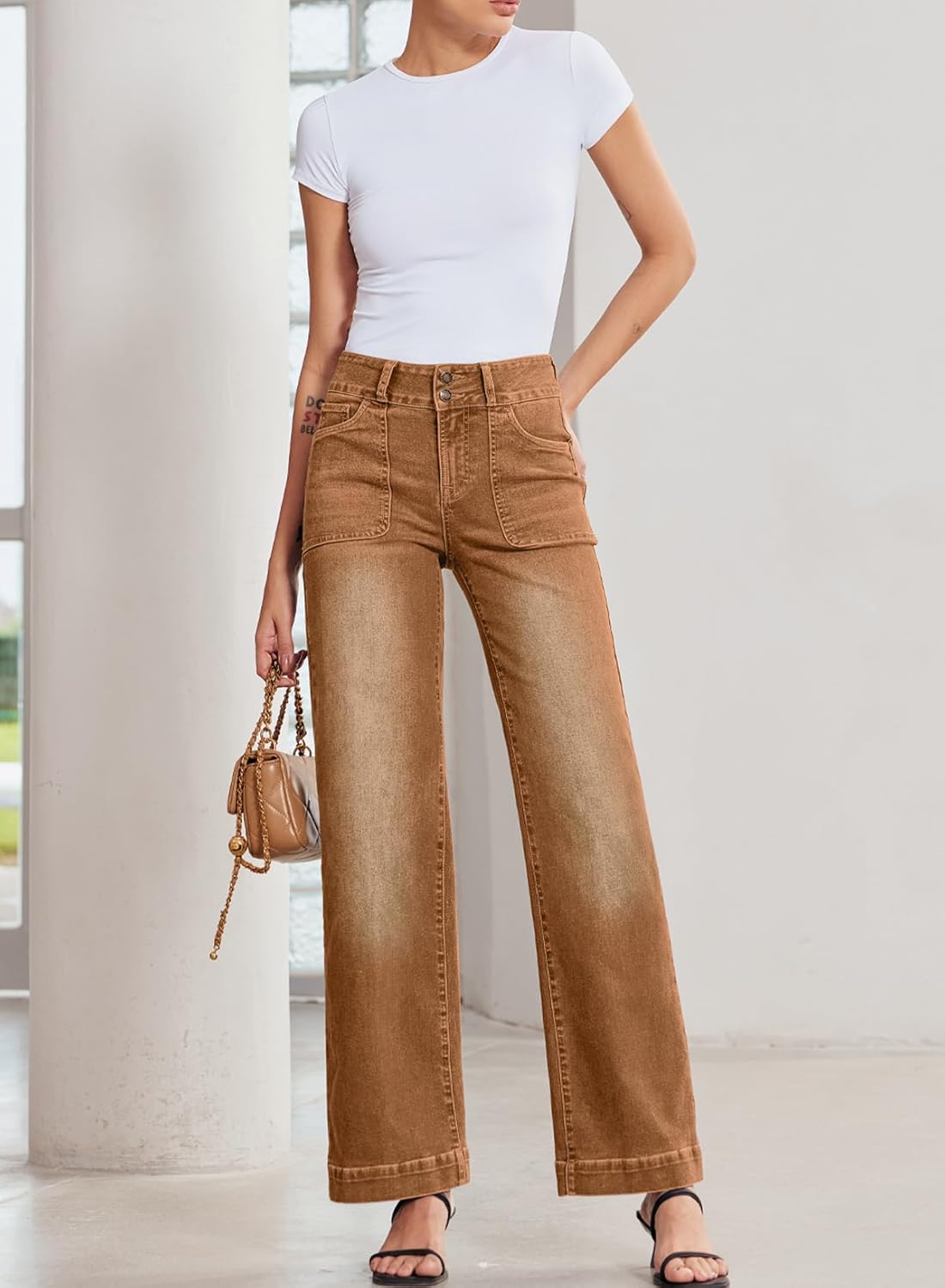 Sidefeel Women’s Straight Leg Jeans High Waisted Stretchy Tummy Control Wide Leg Denim Pants Fall Outfits