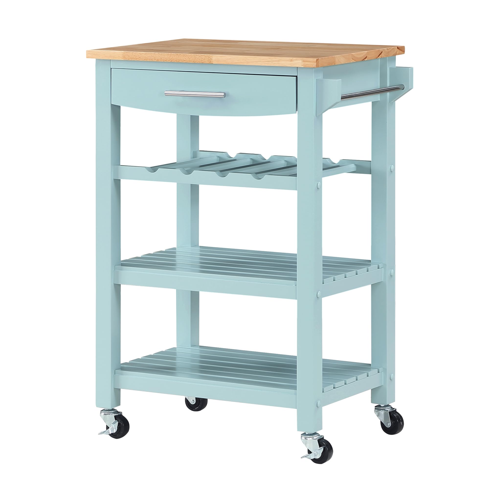 Convenience Concepts Ellaine Butcher Block Kitchen Cart 24.75" - 4 Tier Kitchen Island with Storage Drawer, Dining Room Wine Rack on Wheels, Coffee Station Table, Mobile Utility Trolley, Sea Foam