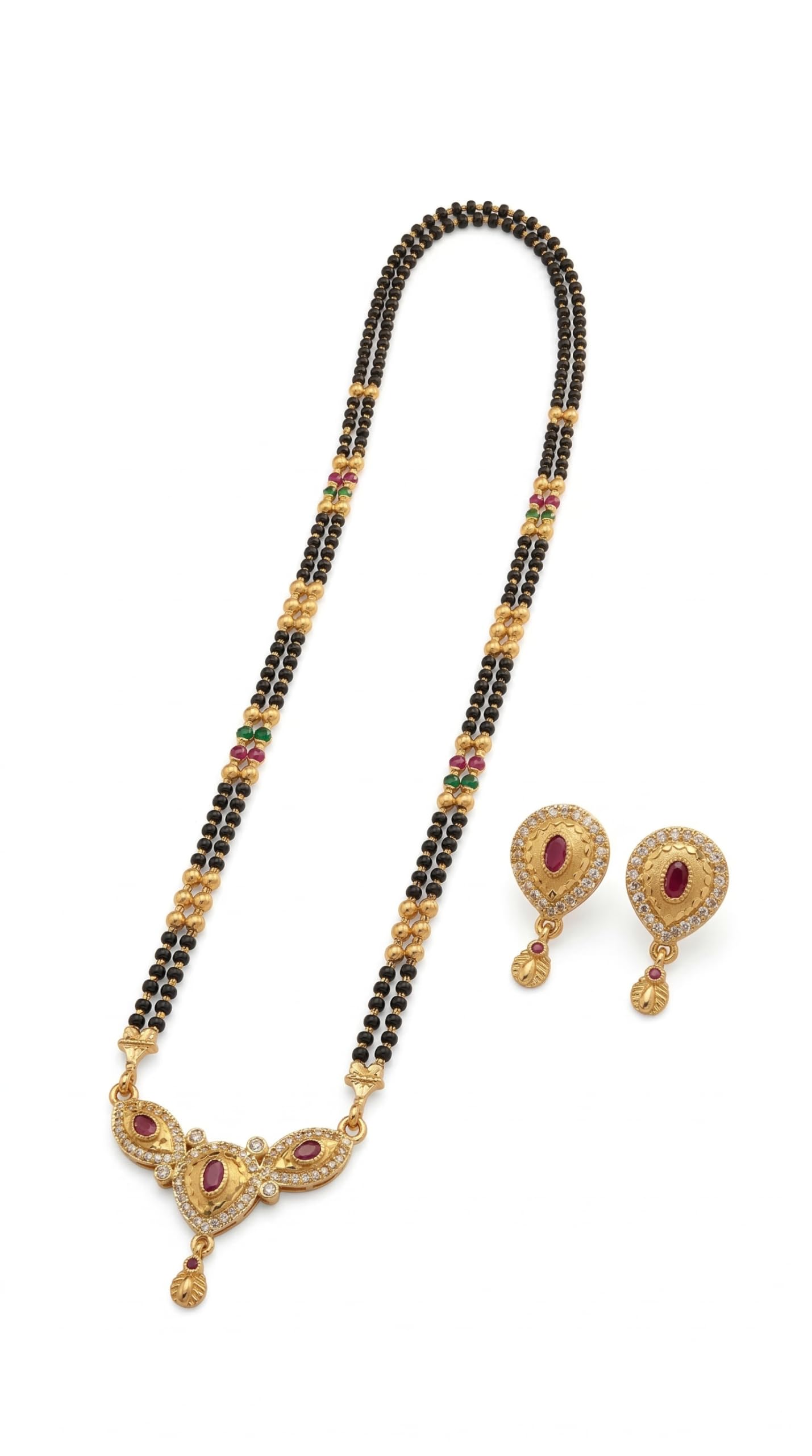 American Diamond Mangalsutra With Earring for Women | Stylish 1gm Gold Plated Long Mangal Sutra | CZ AD Pendant Necklace Design | One Gram Gold Polish 24 -Inch Black Chain Jewellery for Women | Nallapusalu 1 gram Mangalsutra no 8-image-40