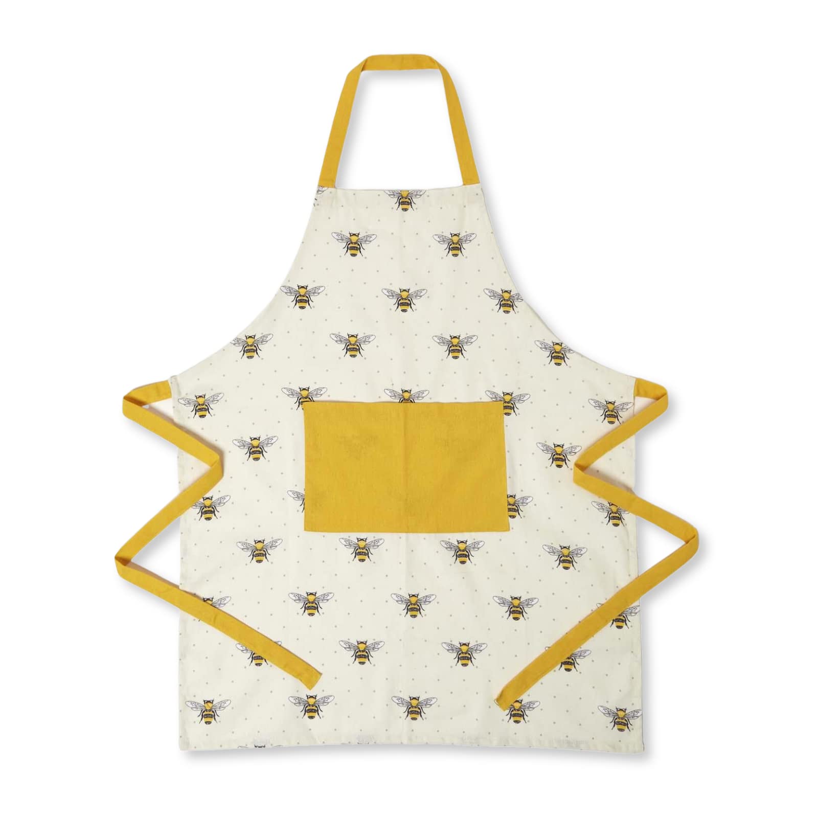 Homescapes Yellow Cotton Apron With Bee Design And Large Pocket For Adults 70 X 85 Cm