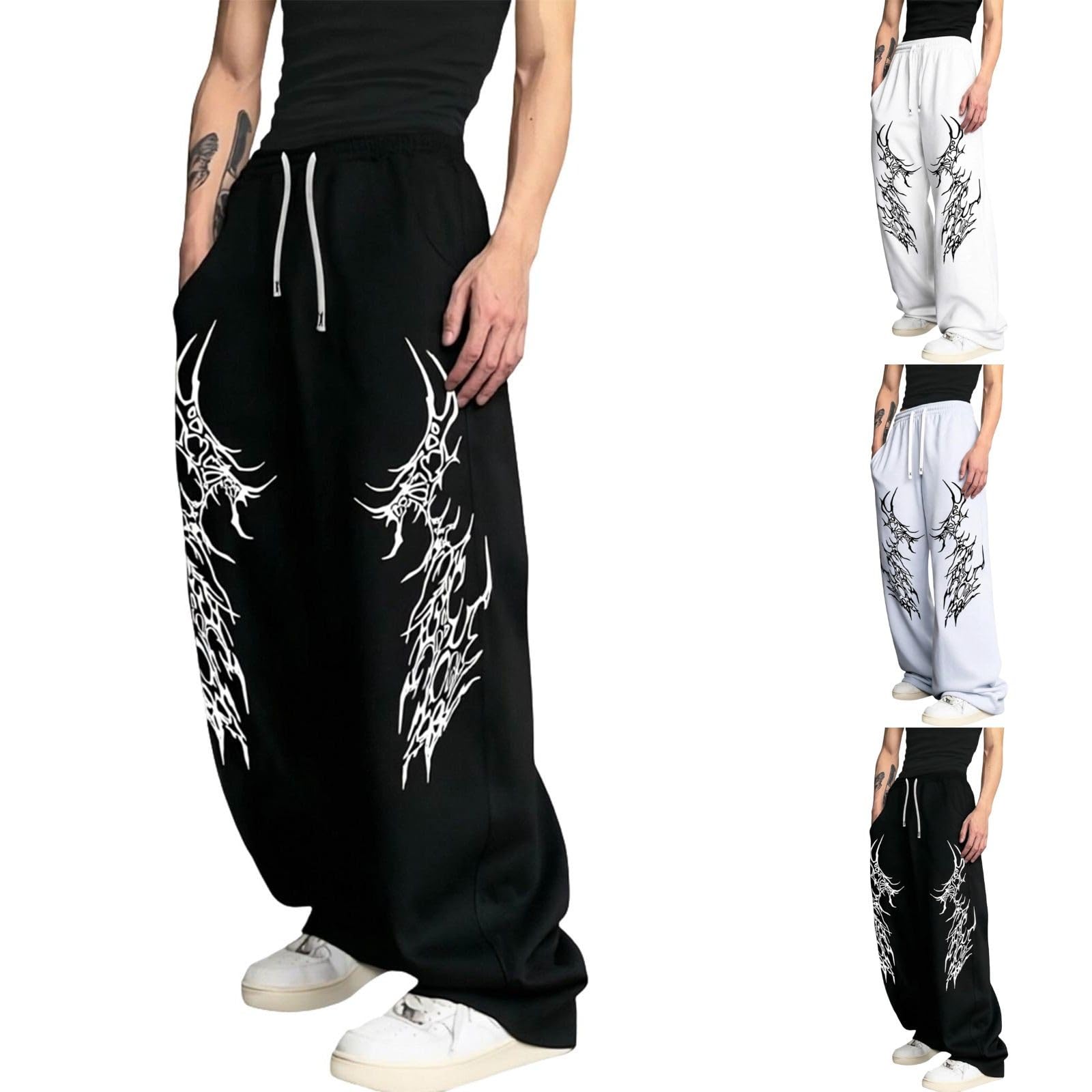Fitness Hose Herren Gym Lang Sporthose Bodybuilding Trainingshose Y2K Jogginghose Baggy Sweatpants Gothic Punk Streetwear Weites Bein Freizeithose mit Kordelzug Elastischer Sweathose