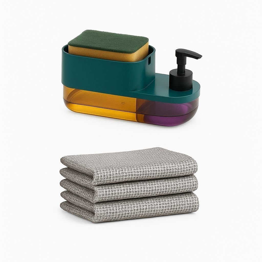 Kitchen Cleaning Combo - Soap Dispenser with Sponge Holder + 3 Reusable Wire Dishcloths | Dishwashing Liquid Pump Dispenser | Compact Space-Saving Sink Organiser | Cleaning Accessories Set-image-18