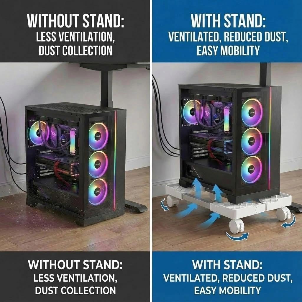 Soporte para Pc, Soporte para Pc Debajo del Escritorio, Soporte Universal Ajustable, Móvil,con 4 Ruedas-2 Ruedas Giratorias Bloqueables-Blanco Hueco