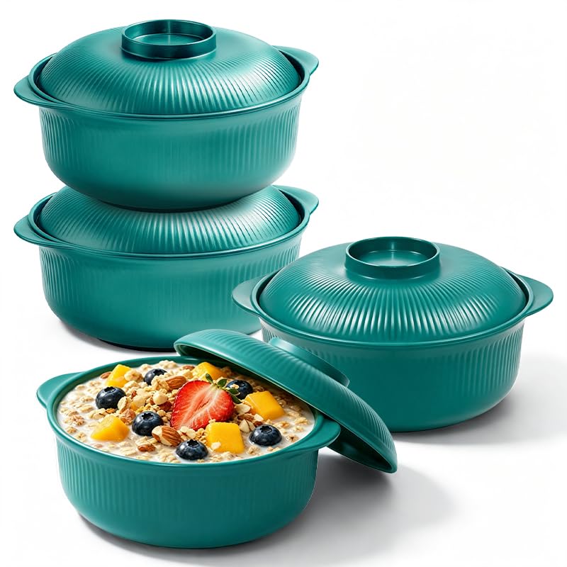 Image of Green 40oz Cereal Bowls with lid set of 4,Microwave Safe,Family&Camping