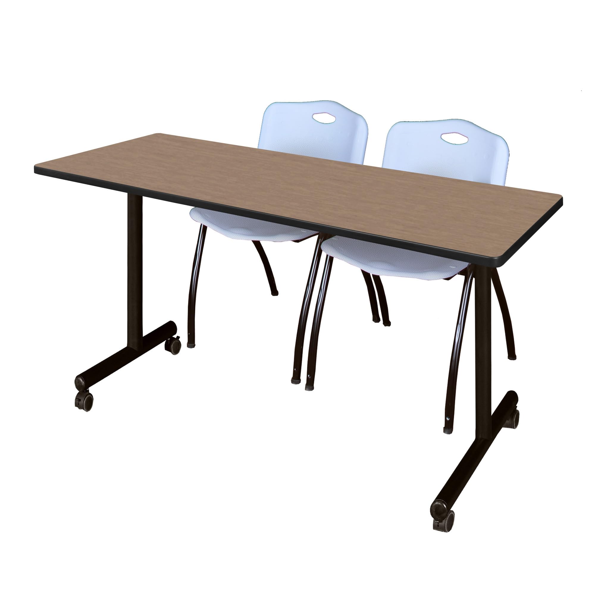 Romig Axis-Pro 66 x 24 in. Mobile T-Base Training Table- Noble Oak, 2 M Stack Chairs- Grey