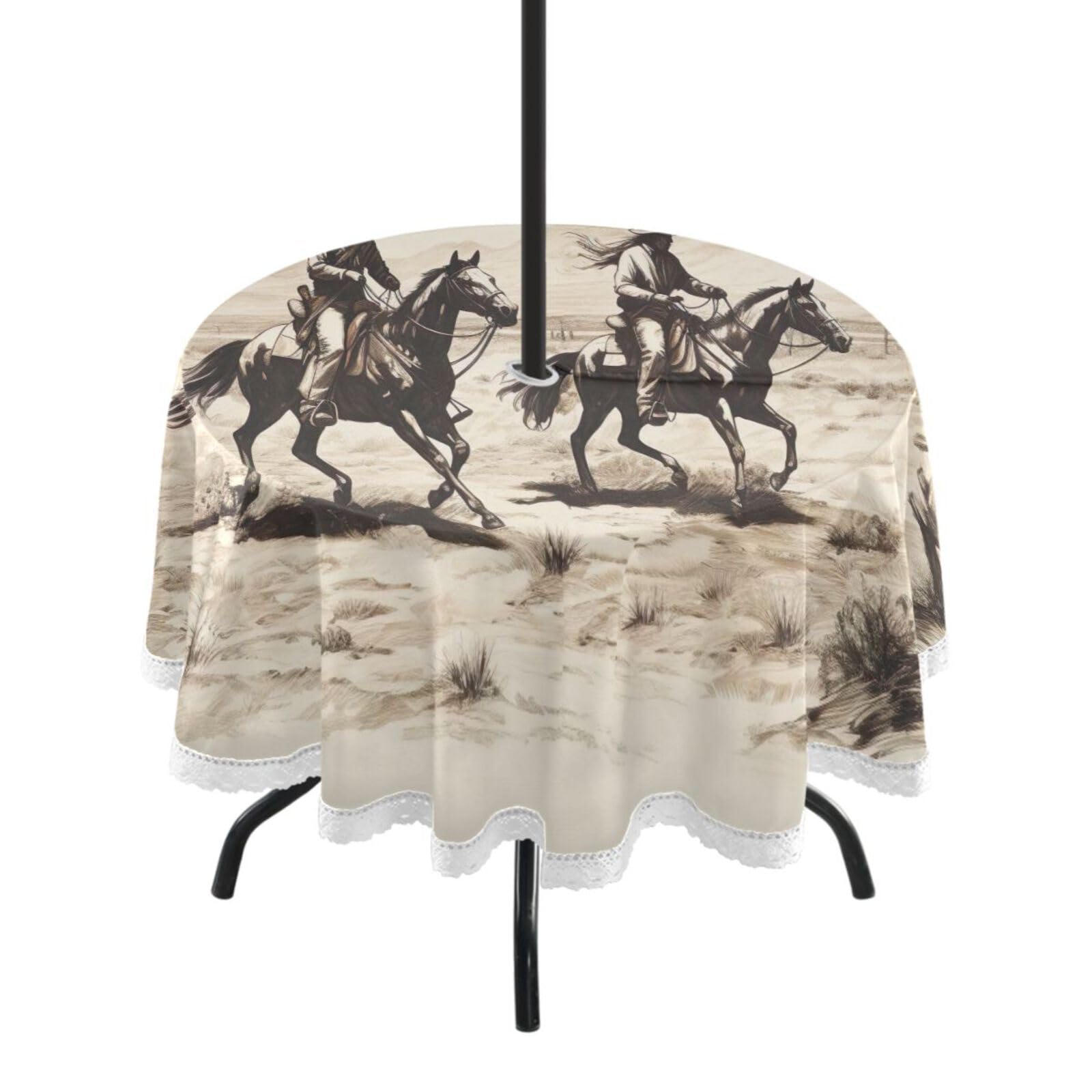 Wajiw 60 Inch Indoor Outdoor Round Tablecloth with Umbrella Hole and Zipper Waterproof Patio Table Cover for Camping Dining Room Party Outdoor Picnic,Two Cowboys