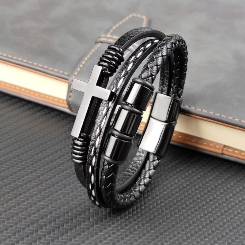 Multi-Layer Braided Leather Bracelets Mens Cross Leather Bracelet Wristband Religious Leather Bracelets Men Customized Gifts for Dad Husband Boyfriend Son